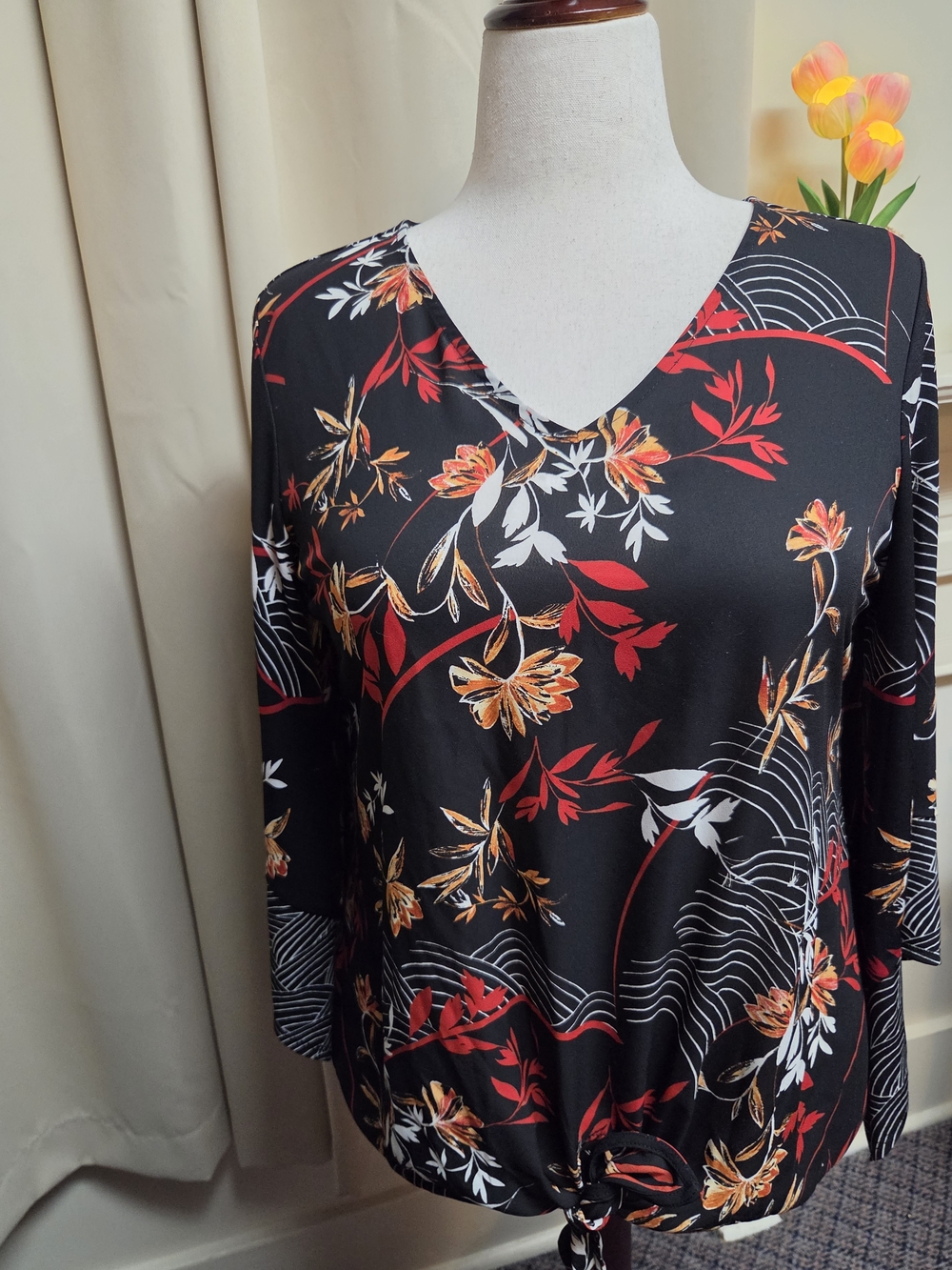 Alfani Black Floral Top with Red and Orange Print Size Medium